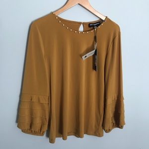 NWT Karl Lagerfeld mustard colored blouse w/pearls